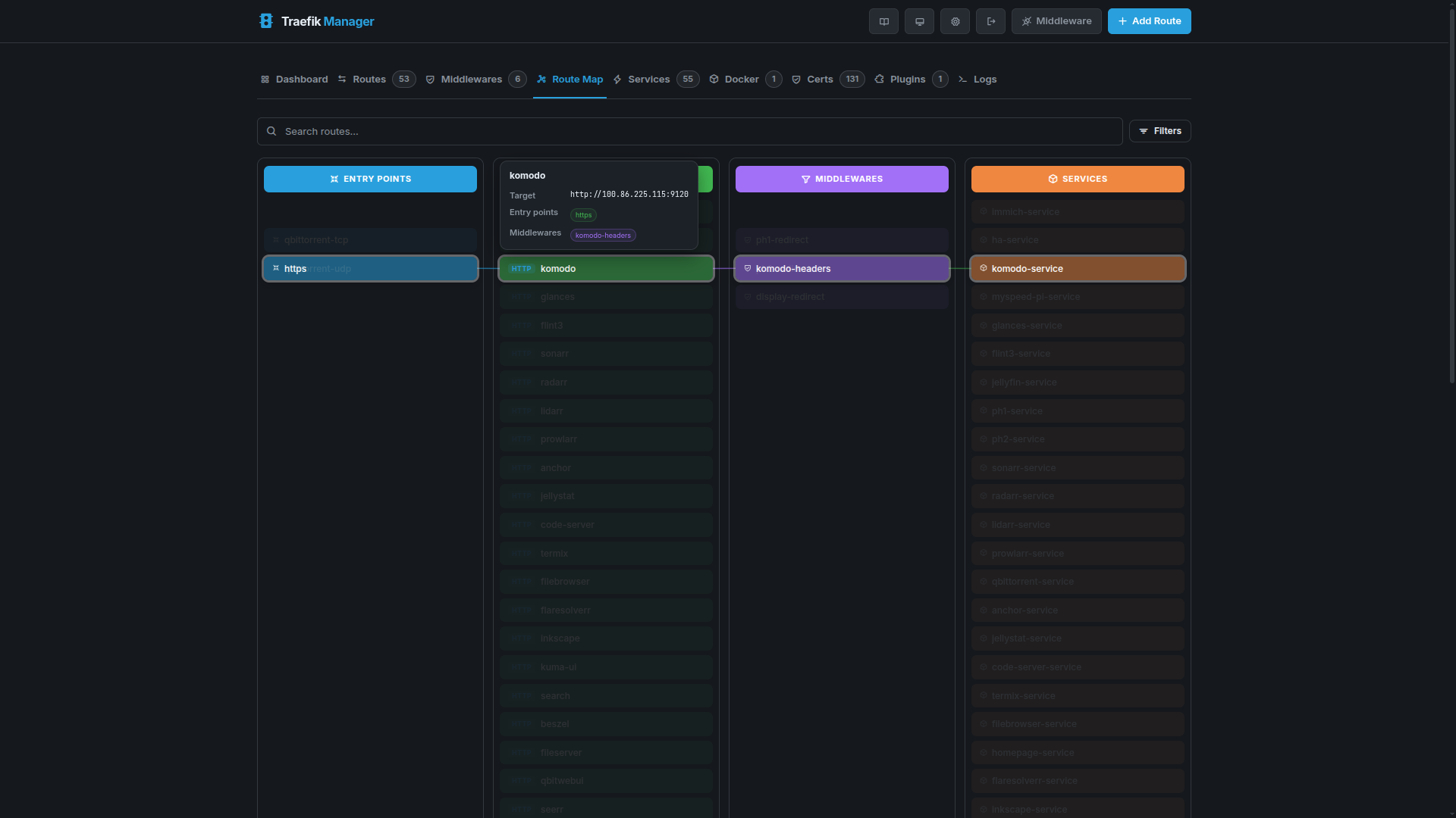 Route Map – hover highlight (dark)