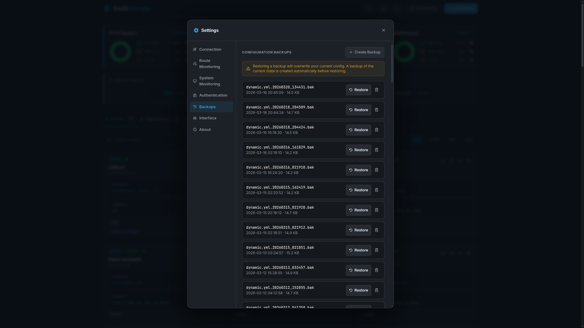 Settings – backups (dark)