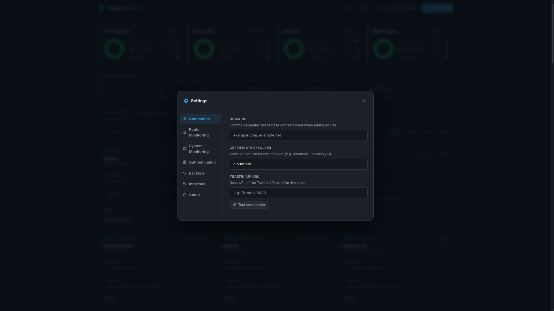 Settings – connections (dark)